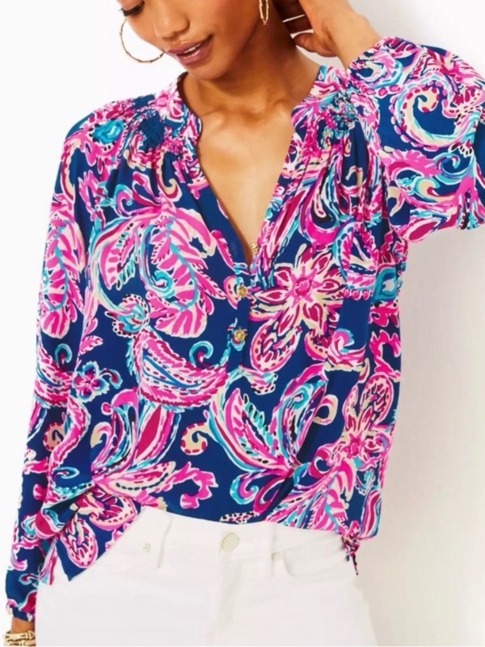 Lilly VGUC V-Neck Elsa Multi Print in Navy and Pink